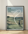 Vintage-style golf print showing bright shot trajectory, green, sand traps, and distant clubhouse, Golf Course Wall Art