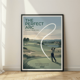 Vintage-style golf print showing bright shot trajectory, green, sand traps, and distant clubhouse, Golf Course Wall Art