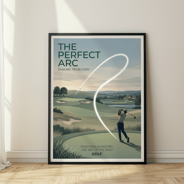 Vintage-style golf print showing bright shot trajectory, green, sand traps, and distant clubhouse, Golf Course Wall Art