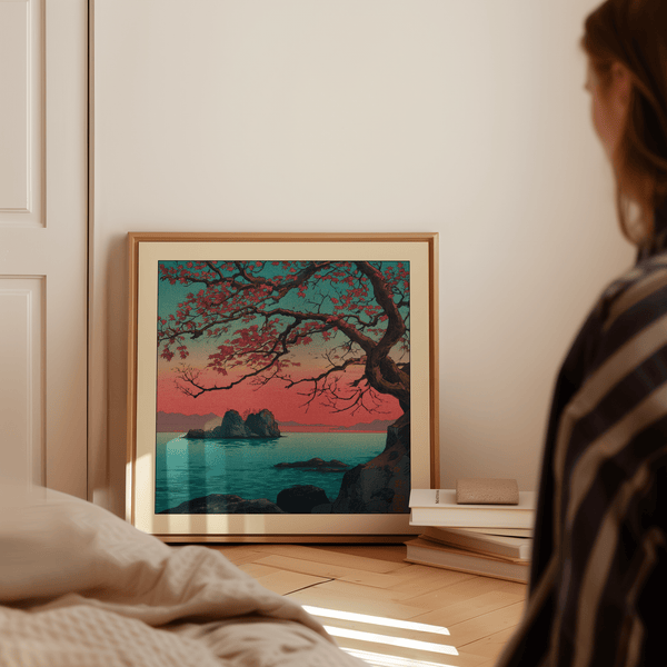 Wide coastal landscape poster featuring negative space around horizon