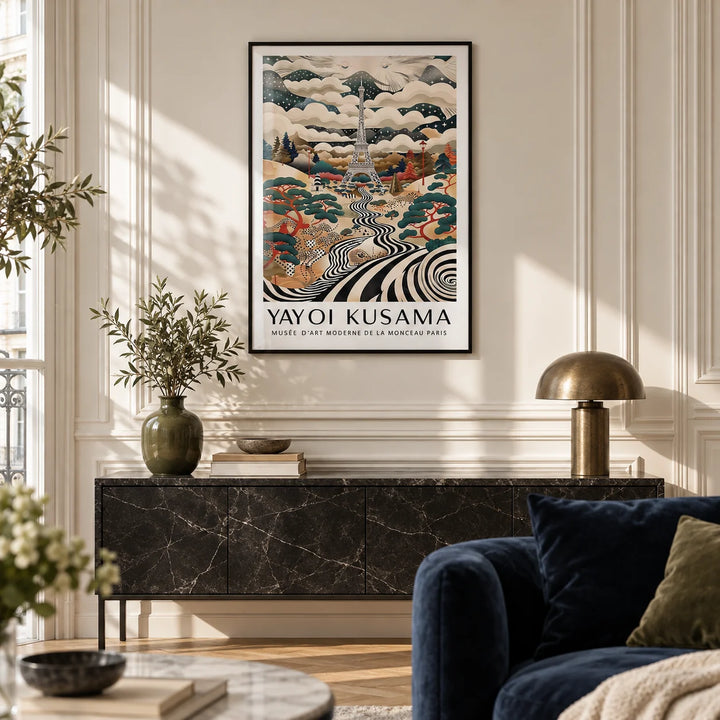 Eiffel Tower Art, framed on the wall of an elegant Paris-style flat living room with a cream panelled wall and a light oak floor