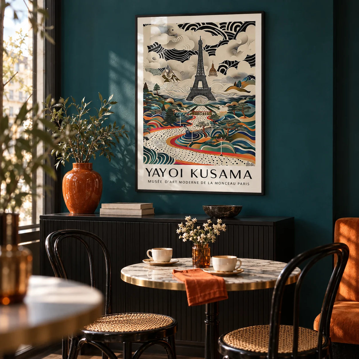 Eiffel Tower Print, framed on the wall of a bistro-style dining corner with a deep teal painted wall
