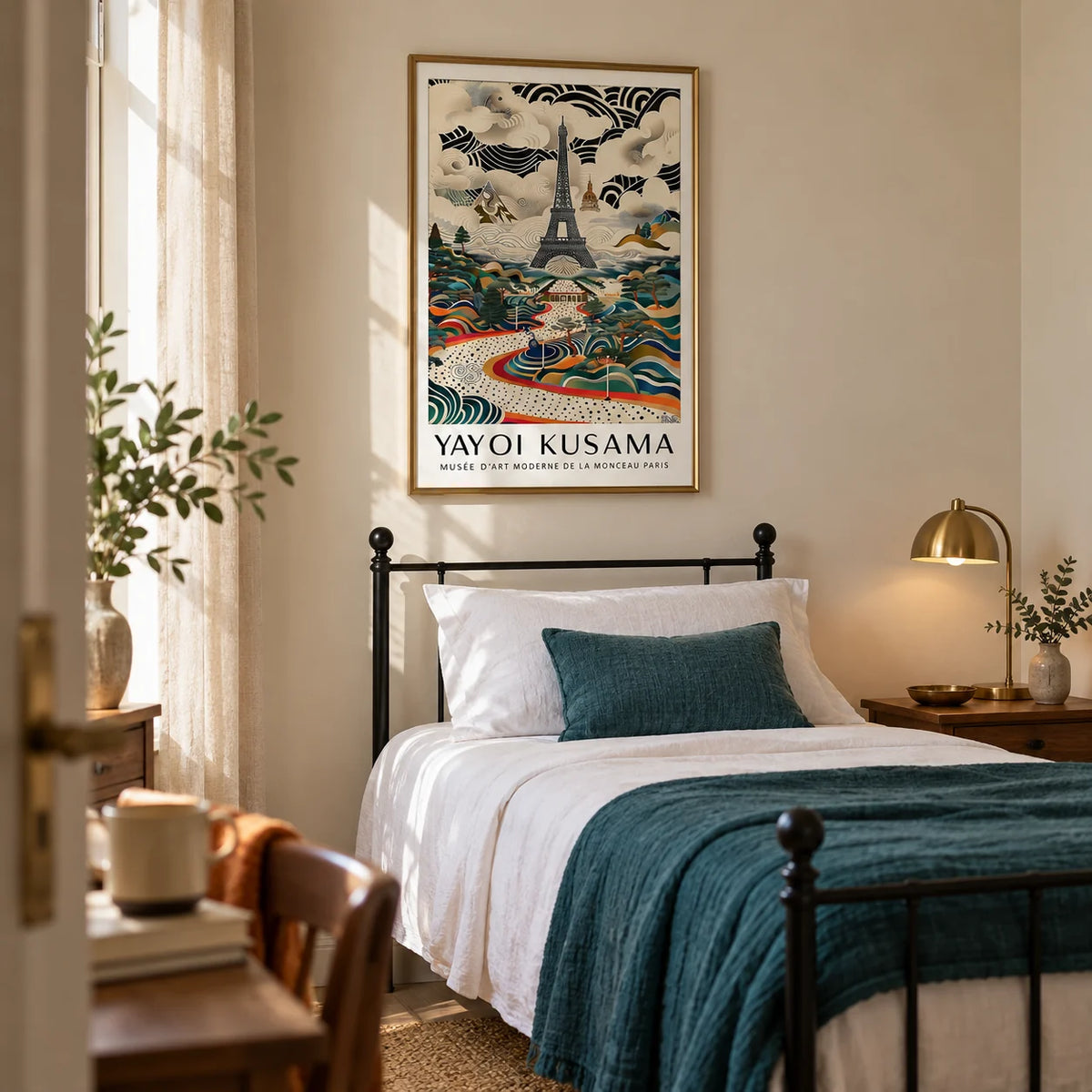 Eiffel Tower Print, framed on the wall of a calm single guest bedroom with a soft cream wall