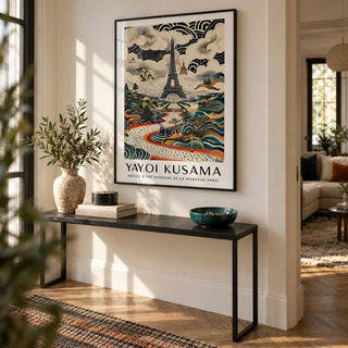 Eiffel Tower Print, framed on the wall of an elegant hallway with a warm white wall and a herringbone floor