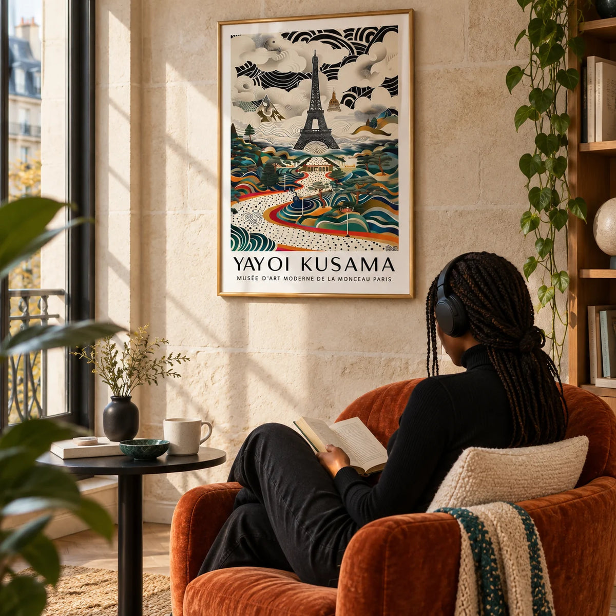 Eiffel Tower Print, framed on the wall of a reading corner in a city flat with a pale stone wall in a living room