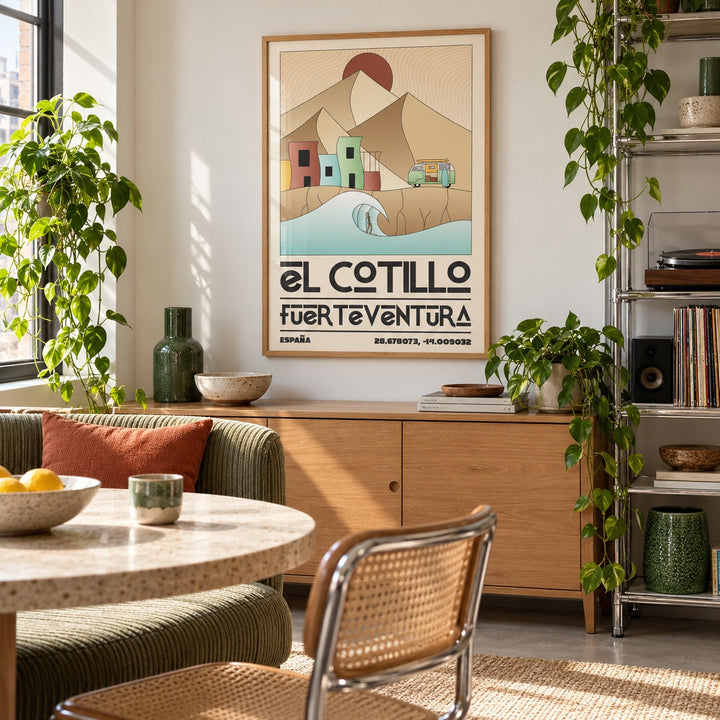 El Cotillo Surfing Poster shown in a city kitchen dining area (frame not included)