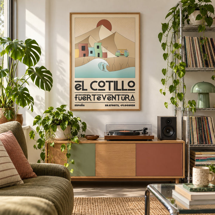 El Cotillo Surfing Poster shown in a city apartment record corner (frame not included)