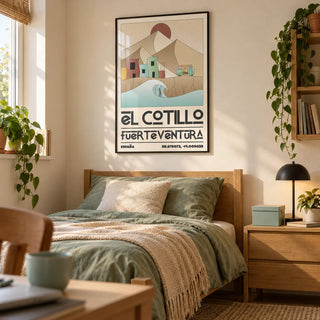 El Cotillo Surfing Poster, framed on the wall of a graphic coastal single bedroom for a university student (18-21) in a UK shared house