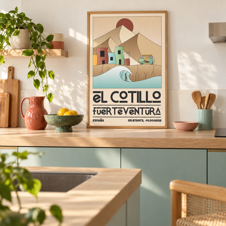 El Cotillo Surfing Poster shown in a minimalist kitchen (frame not included)