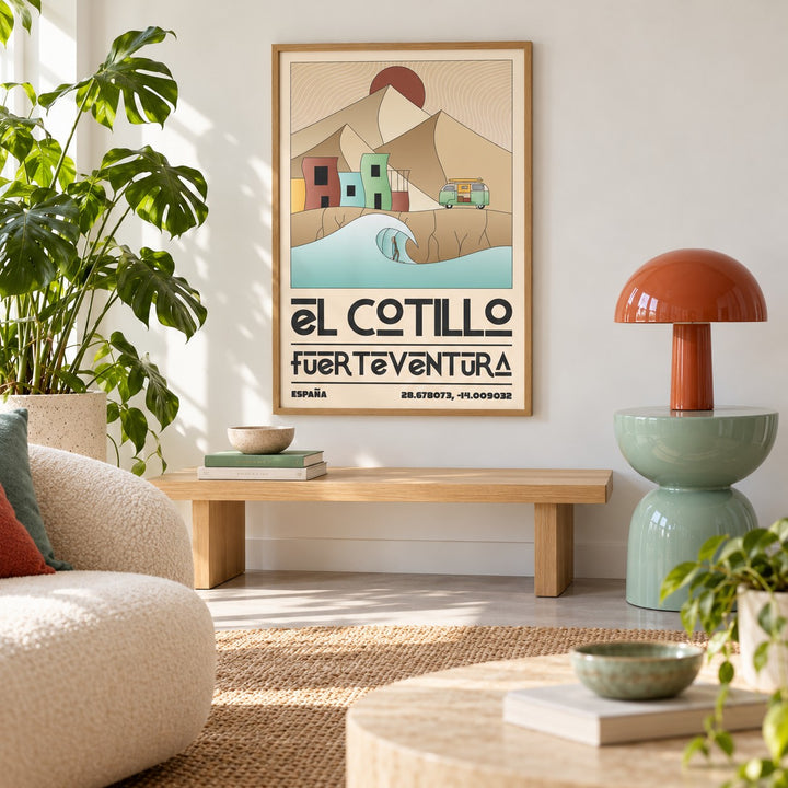 El Cotillo Surfing Poster shown in a minimalist living room with an oak bench (frame not included)