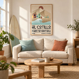 El Cotillo Surfing Poster, framed on the wall of a modern coastal living room in a UK first flat for a surfing enthusiast (25-35)