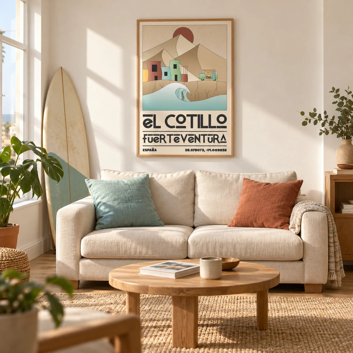 El Cotillo Surfing Poster, framed on the wall of a modern coastal living room in a UK first flat for a surfing enthusiast (25-35)