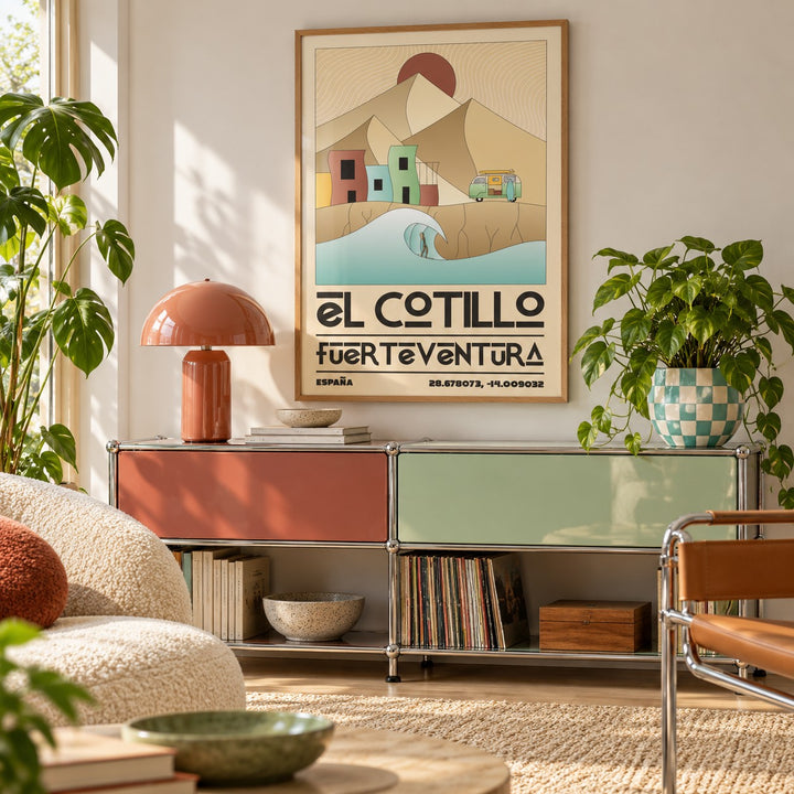 El Cotillo Surfing Poster shown in a playful living room with a retro modular sideboard (frame not included)