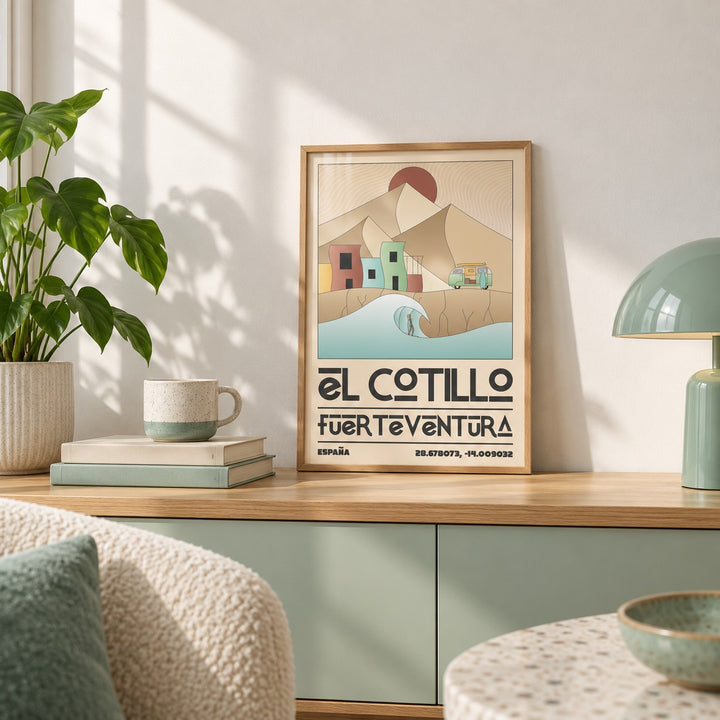 El Cotillo Surfing Poster shown in the small A4 size on a shelf (frame not included)