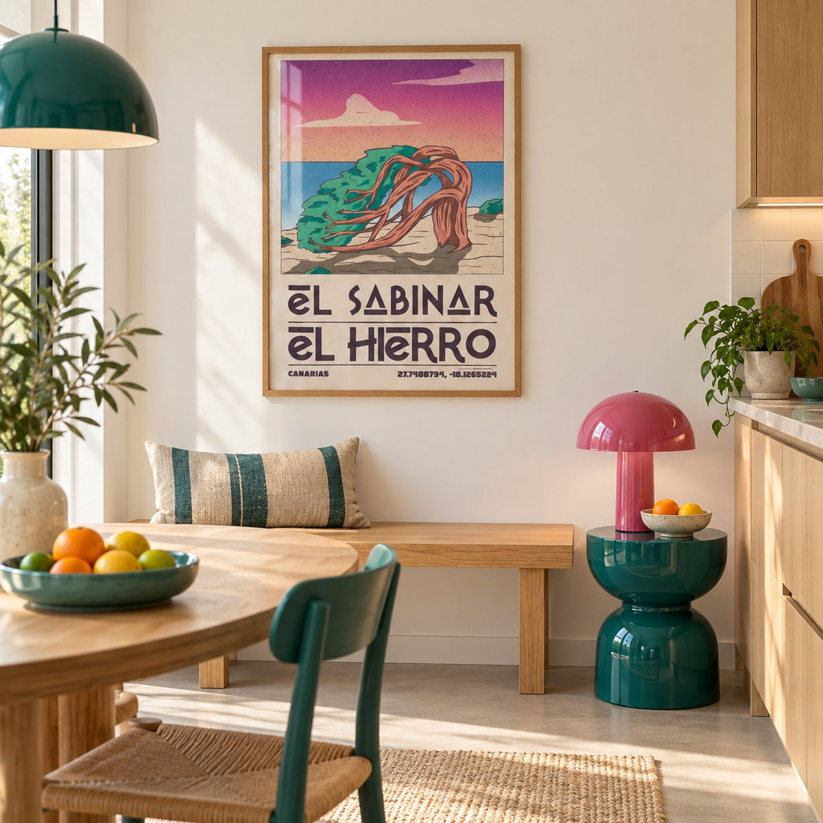 El Hierro Poster hung above a breakfast bench in a colourful minimalist kitchen (frame not included)