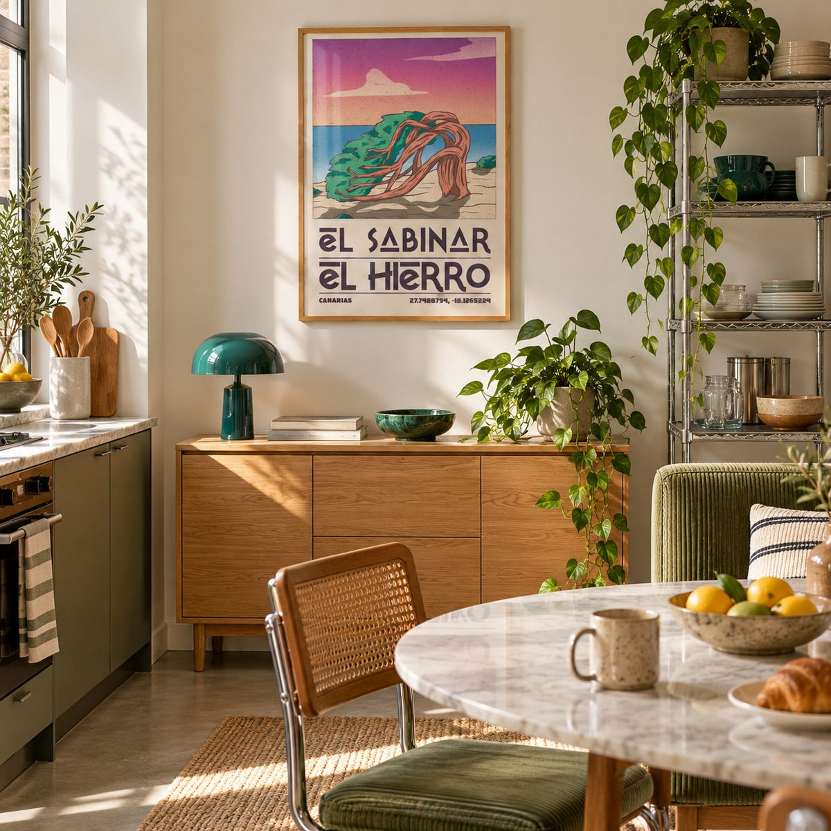 El Hierro Poster hung above an oak sideboard in a creative apartment kitchen (frame not included)