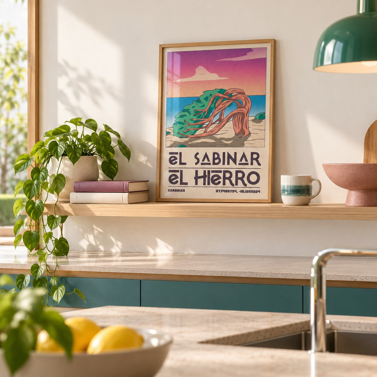 El Hierro Poster in the small A4 size, leaning on a kitchen shelf (frame not included)