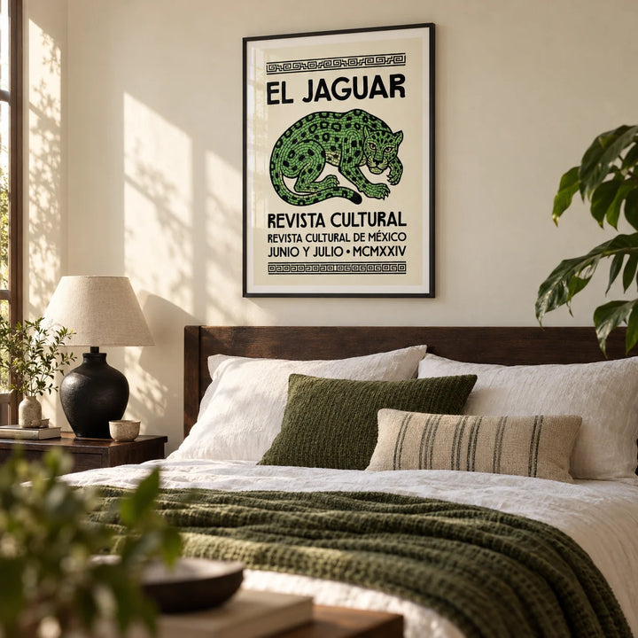 El Jaguar Poster, framed on the wall of a calm bedroom with a warm cream wall