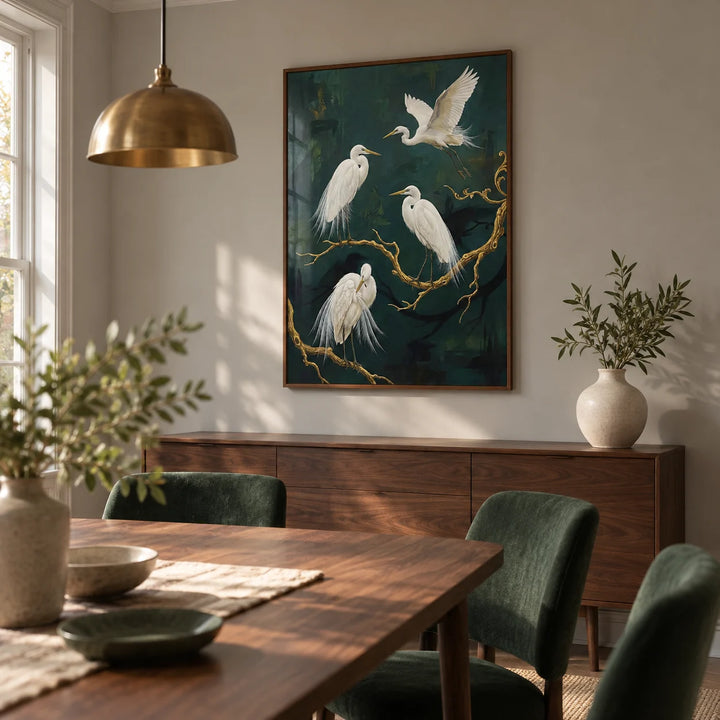 Elegant Bird Art Print, framed on the wall of a calm dining room in a renovated terraced house with pale warm grey walls and a walnut dining table