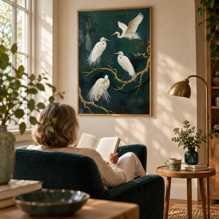 Elegant Bird Art Print, framed on the wall of a peaceful reading corner in a mature couple's flat with warm ivory plaster walls and a tall window in a living room