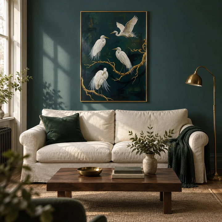 Elegant Bird Art Print, framed on the wall of a quietly elegant living room in a Victorian terrace with muted teal walls and oak floorboards