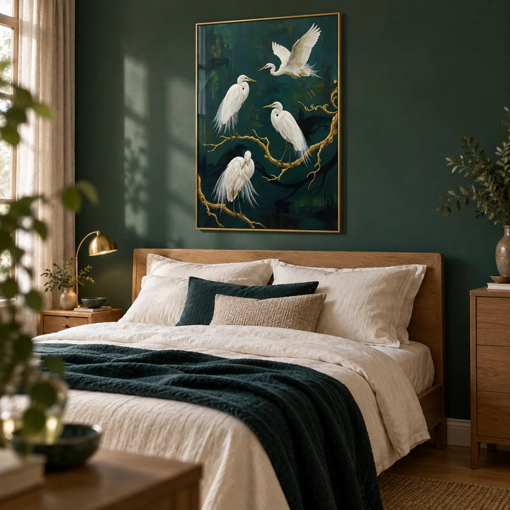 Elegant Bird Art Print, framed on the wall of a restful main bedroom with a soft forest green wall and warm oak flooring