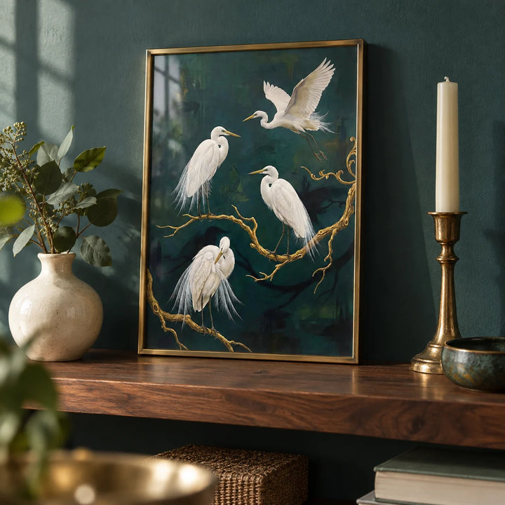 Elegant Bird Art Print, a small A4 framed print leaning on a walnut shelf in a living room