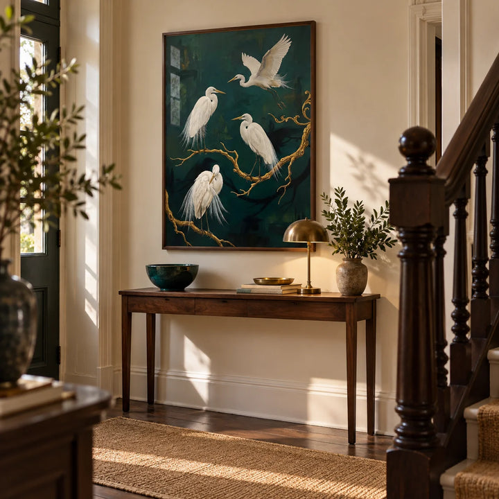 Elegant Bird Art Print, framed on the wall of a welcoming hallway in a British townhouse with warm ivory walls and a dark timber staircase
