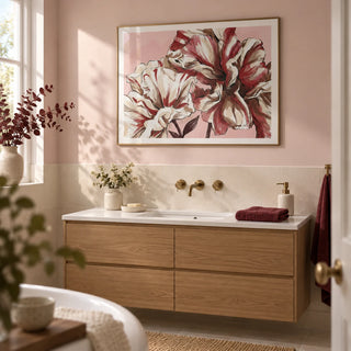 Elegant Floral Art, framed on the wall of a calm contemporary bathroom in a UK home with a pale blush painted wall above plain cream tiles