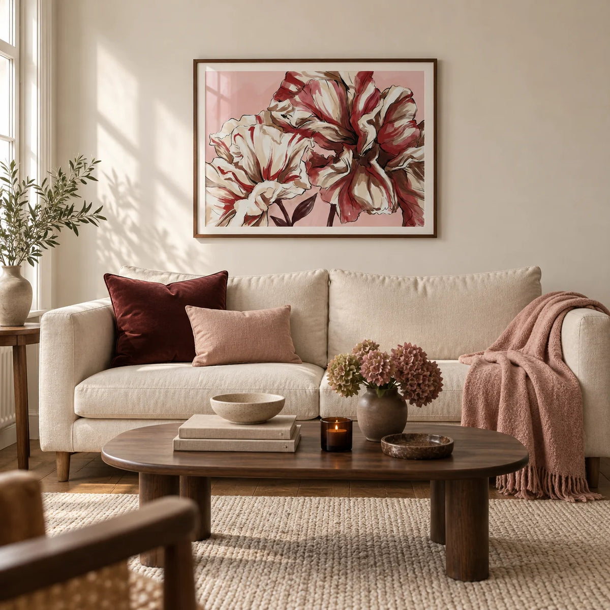 Elegant Floral Art, framed on the wall of a calm contemporary living room in a UK terraced home with warm white plaster walls and oak floorboards