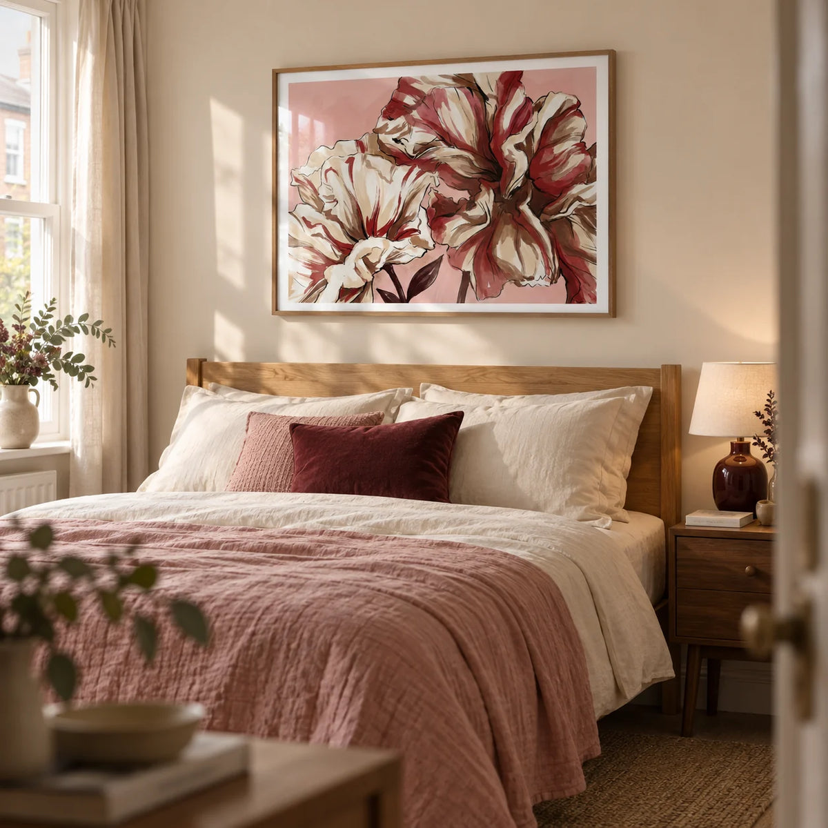 Elegant Floral Art, framed on the wall of a peaceful adult bedroom in a UK terraced house with a warm cream wall