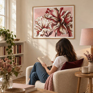 Elegant Floral Art, framed on the wall of a quiet reading corner in a UK flat with a warm white wall and a low built-in bookcase in a living room