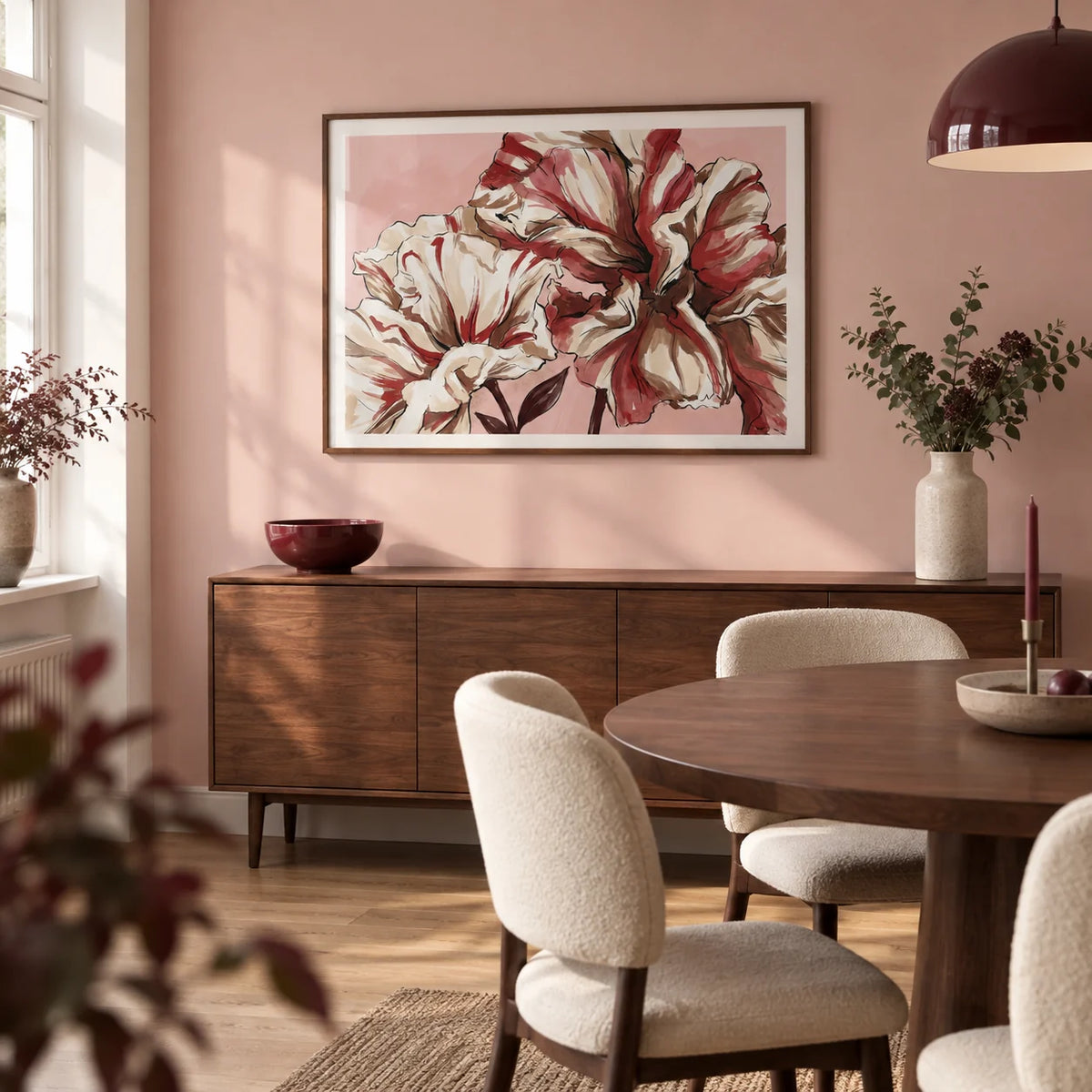Elegant Floral Art, framed on the wall of a softly contemporary dining room in a UK flat with a pale blush wall and simple wooden floor