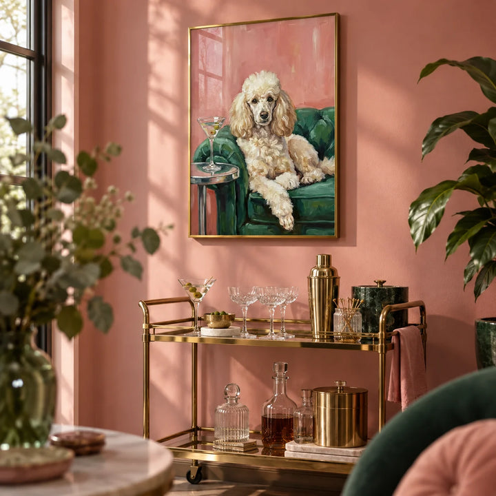 Elegant Poodle Wall Art, framed on the wall of a chic home bar corner with a dusty pink wall in a living room