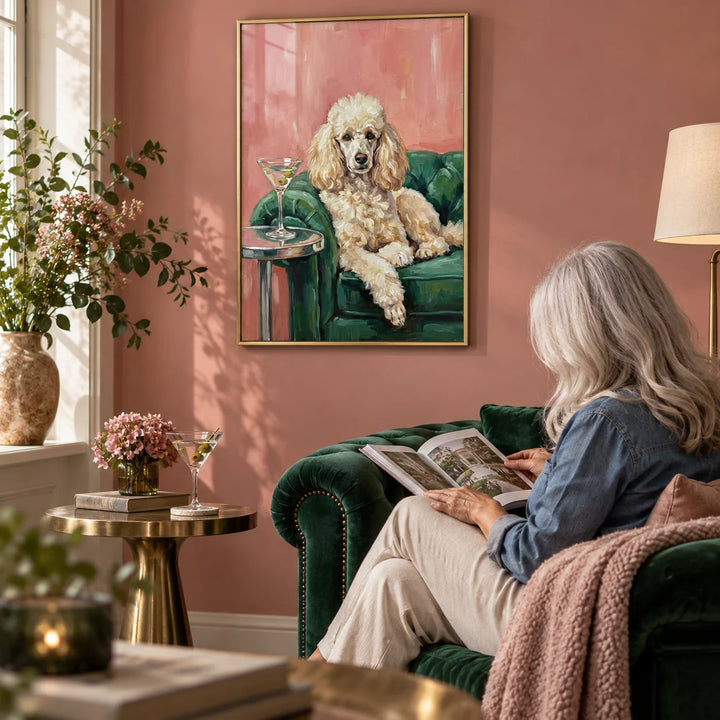 Elegant Poodle Wall Art, framed on the wall of a chic living room corner with a dusty pink wall