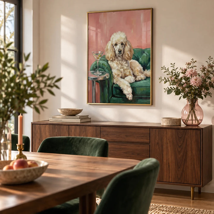 Elegant Poodle Wall Art, framed on the wall of an elegant dining room with a warm white wall