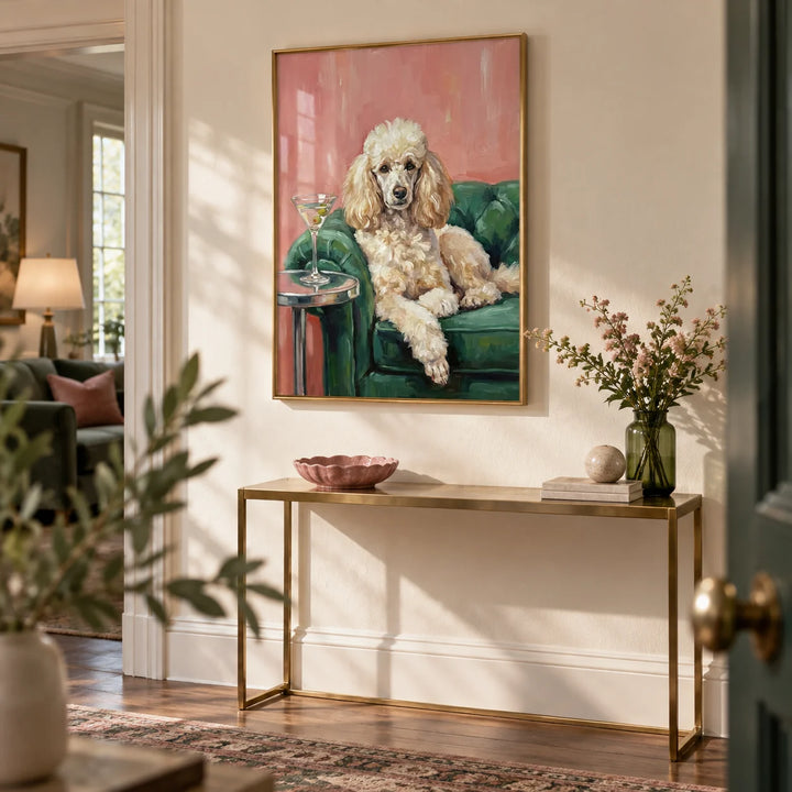 Elegant Poodle Wall Art, framed on the wall of an elegant hallway with a warm white wall