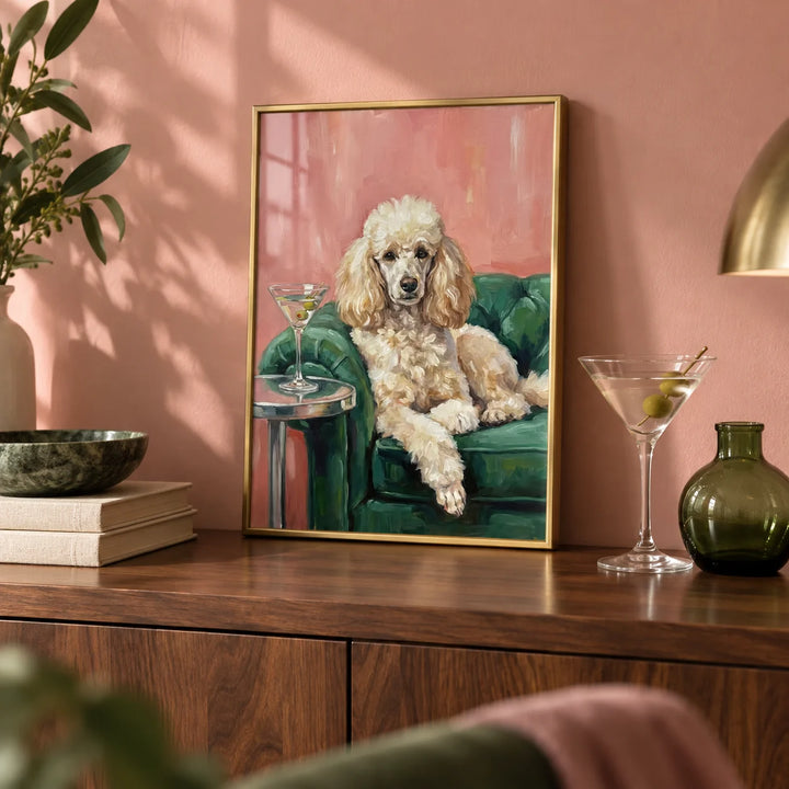 Elegant Poodle Wall Art, a small A4 framed print leaning on a walnut sideboard in a living room