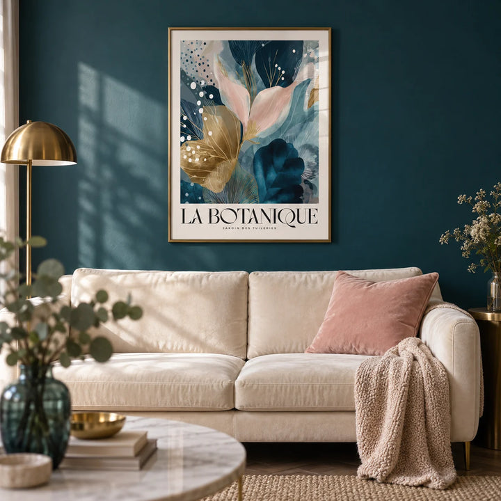 Elegant Wall Art for Living Room, framed on the wall of an elegant living room with a plain deep teal wall