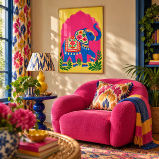 Elephant Art Print, framed on the wall of a cosy maximalist reading nook in a living room