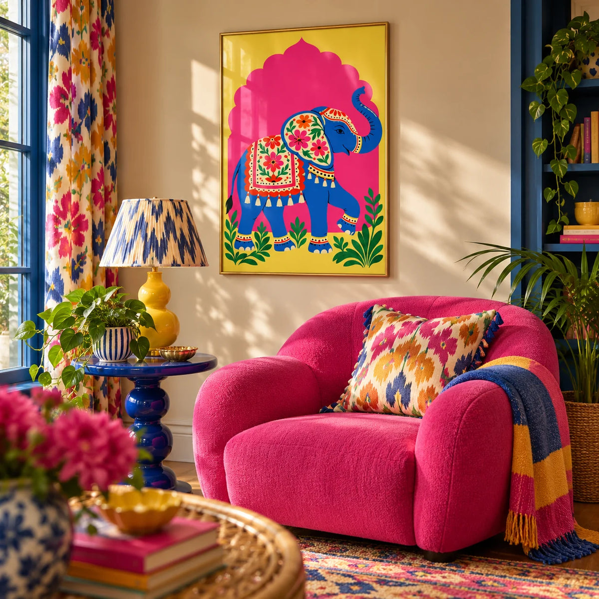 Elephant Art Print, framed on the wall of a cosy maximalist reading nook in a living room