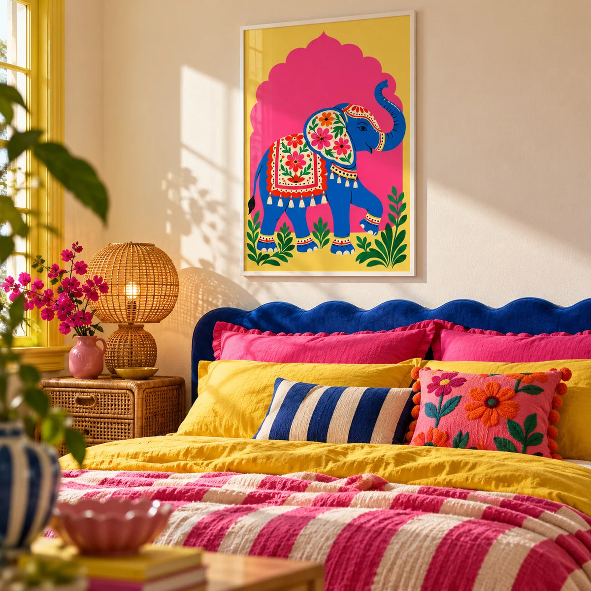 Elephant Art Print, framed on the wall of a dopamine bedroom