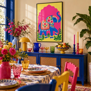 Elephant Art Print, framed on the wall of a maximalist dining room