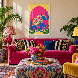 Elephant Art Print, framed on the wall of a maximalist living room