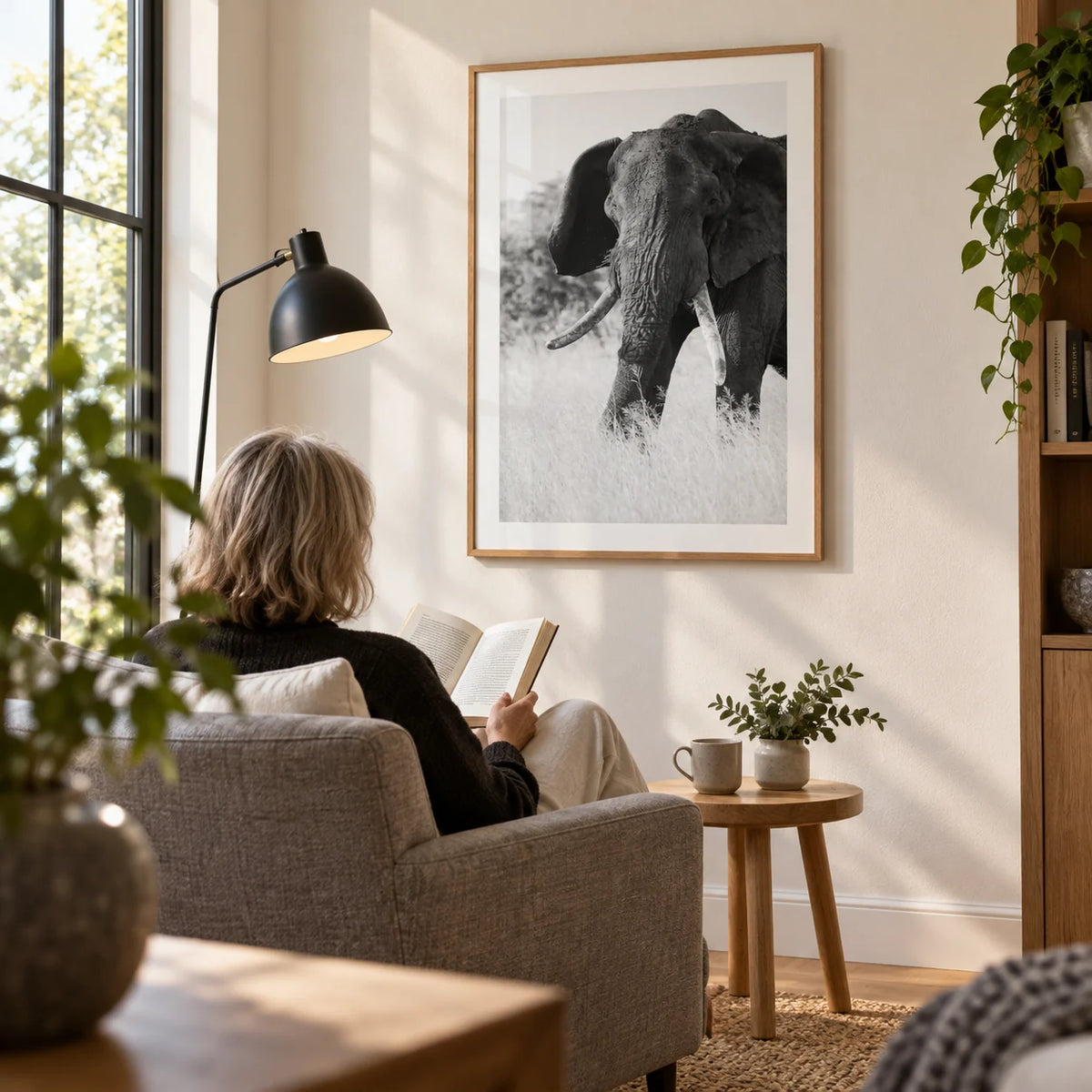 Elephant Black And White Art Print, framed on the wall of a peaceful reading corner beside a tall window in a mature couple's home with a warm white wall in a living room