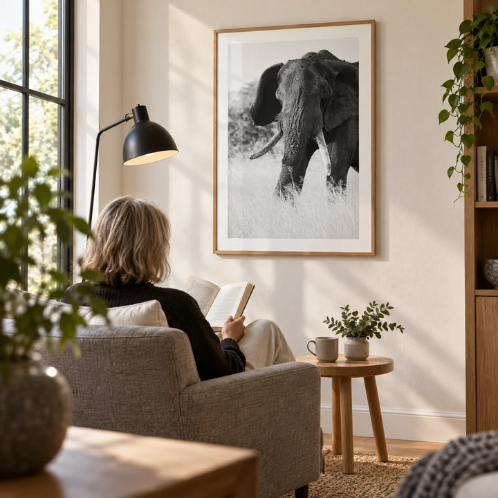 Elephant Black And White Art Print, framed on the wall of a peaceful reading corner beside a tall window in a mature couple's home with a warm white wall in a living room