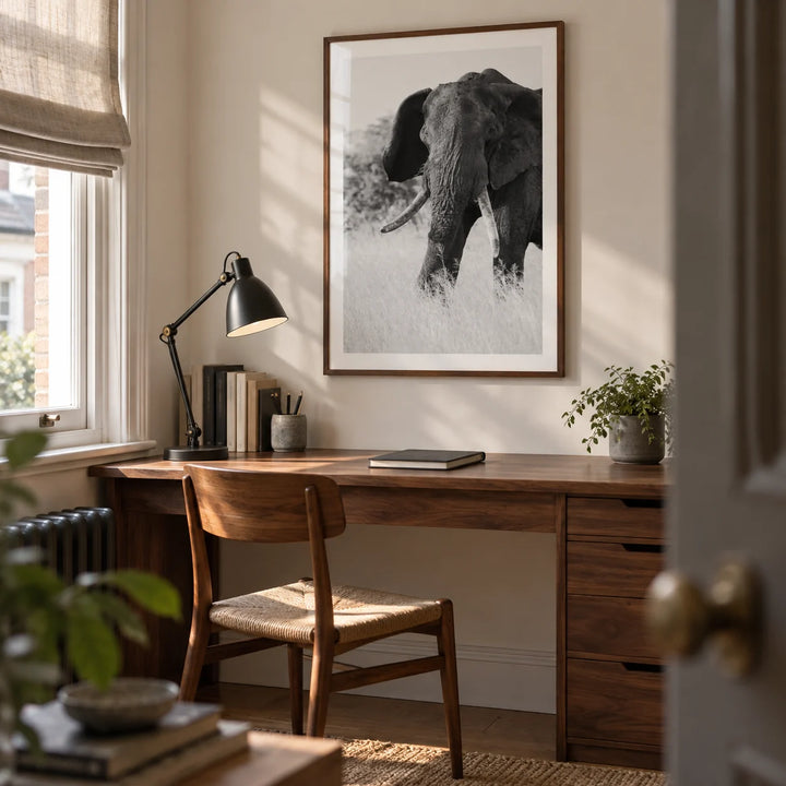 Elephant Black And White Art Print, framed on the wall of a quiet home study in a Victorian terrace with a warm white wall and a fitted walnut desk