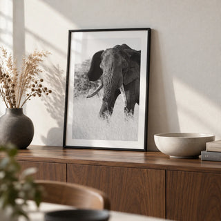 Elephant Black And White Art Print, a small A4 framed print leaning on a walnut sideboard in a living room