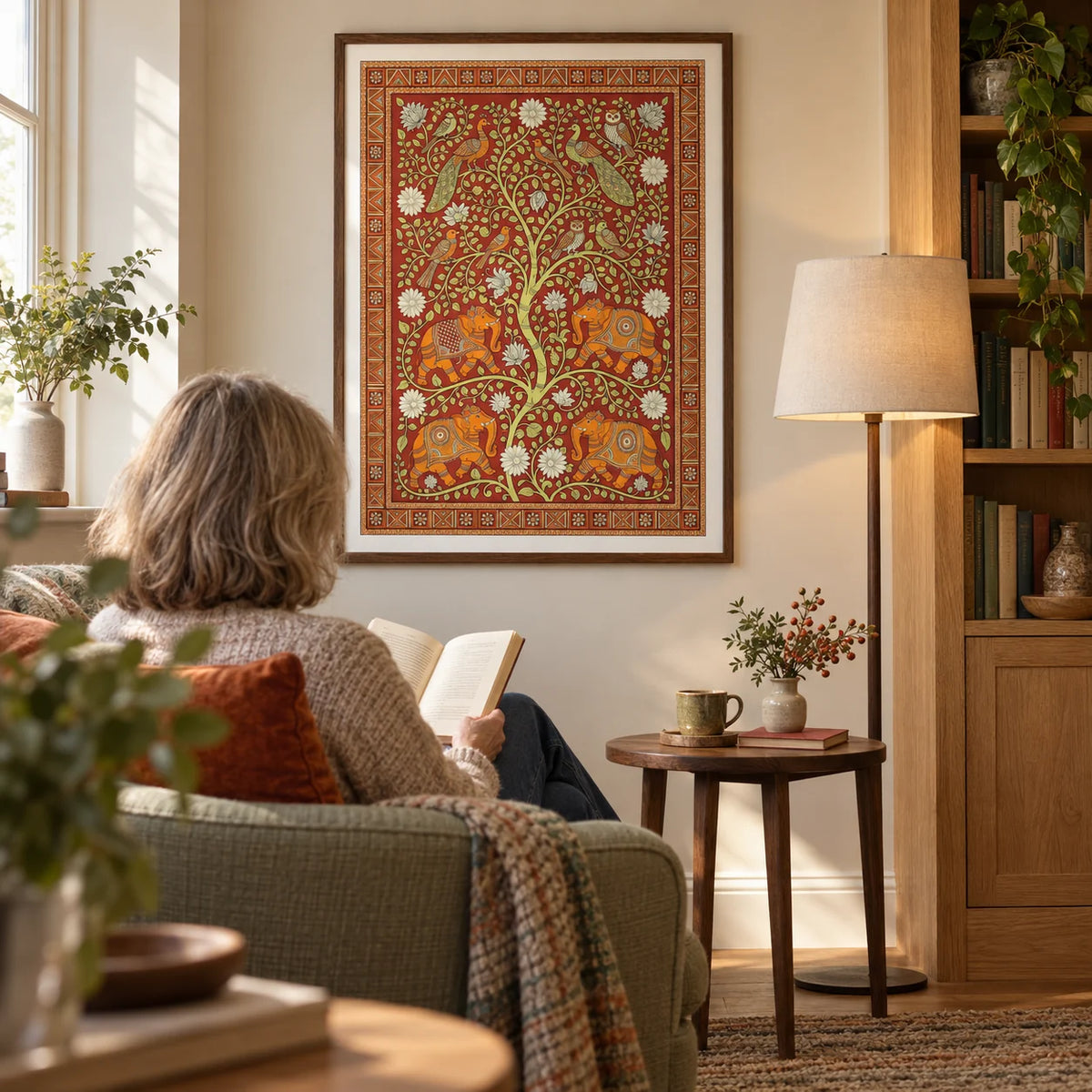 Elephant Tree Wall Art, framed on the wall of a quiet reading corner in a mature couple's UK home with a warm cream wall and a built-in oak bookcase to one side in a living room
