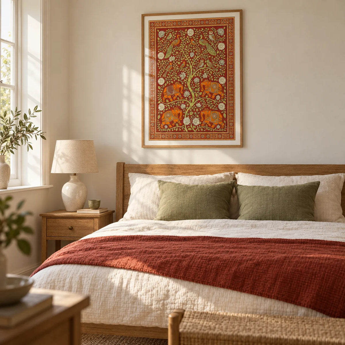 Elephant Tree Wall Art, framed on the wall of a restful bedroom in a UK period home with warm off-white walls and simple oak furniture